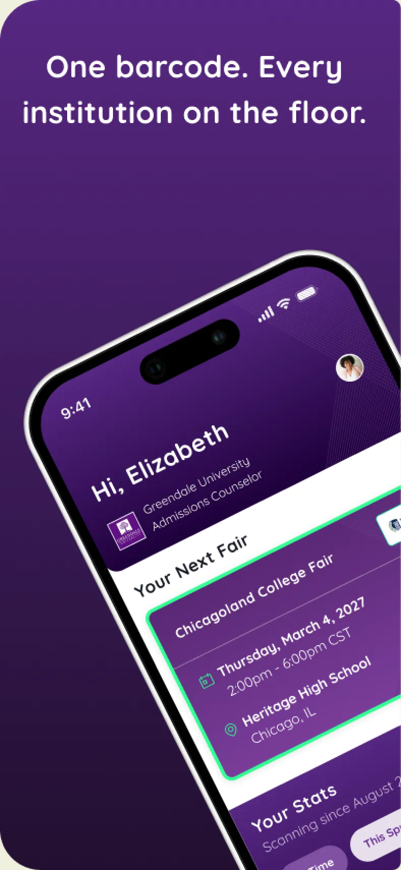 One barcode. Every institution on the floor. — the app's home screen showing the next fair