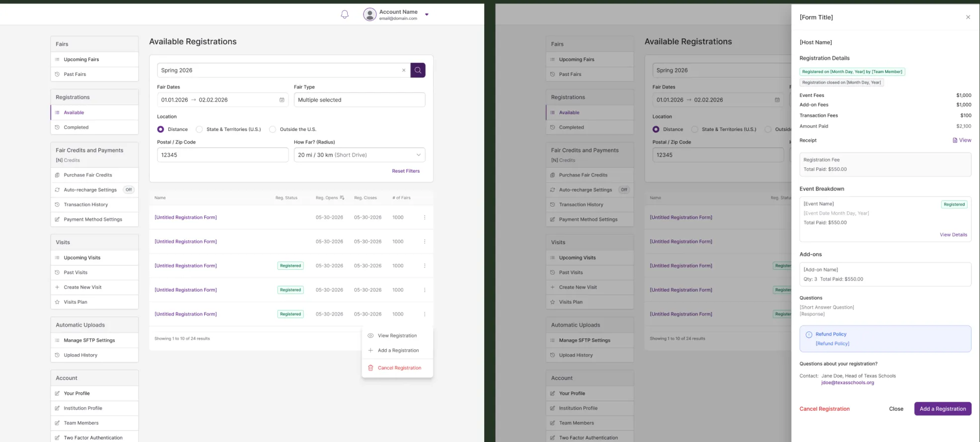 Two views of the Available Registrations table: the list on its own, and with a flyout panel showing one registration's details