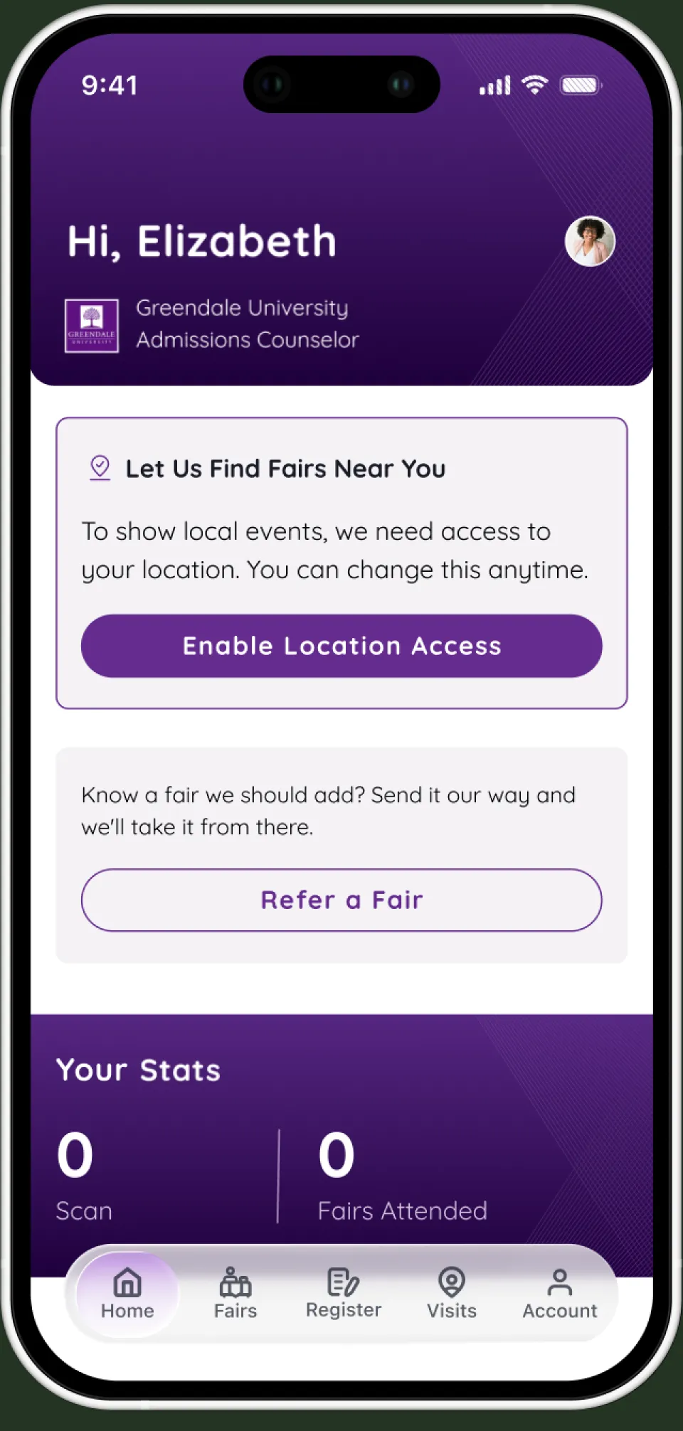 The home screen in its empty state: location access prompt, refer-a-fair card, and zeroed stats