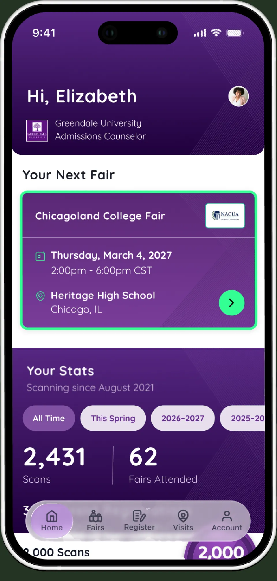 The home screen populated with the next fair, scanning stats, and a 2,000 scans badge