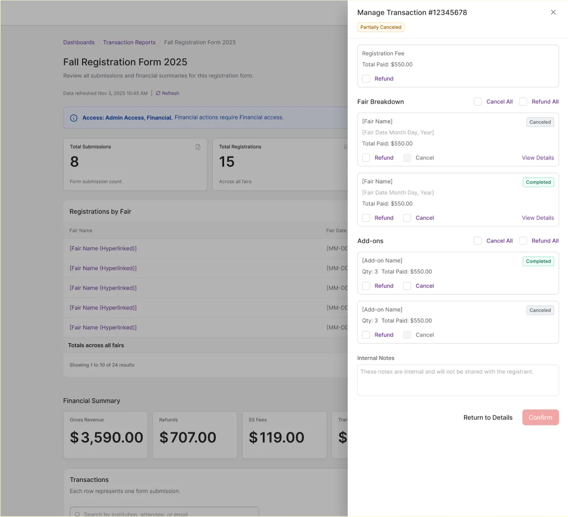 A transaction detail screen showing line items, refund state, and payment totals